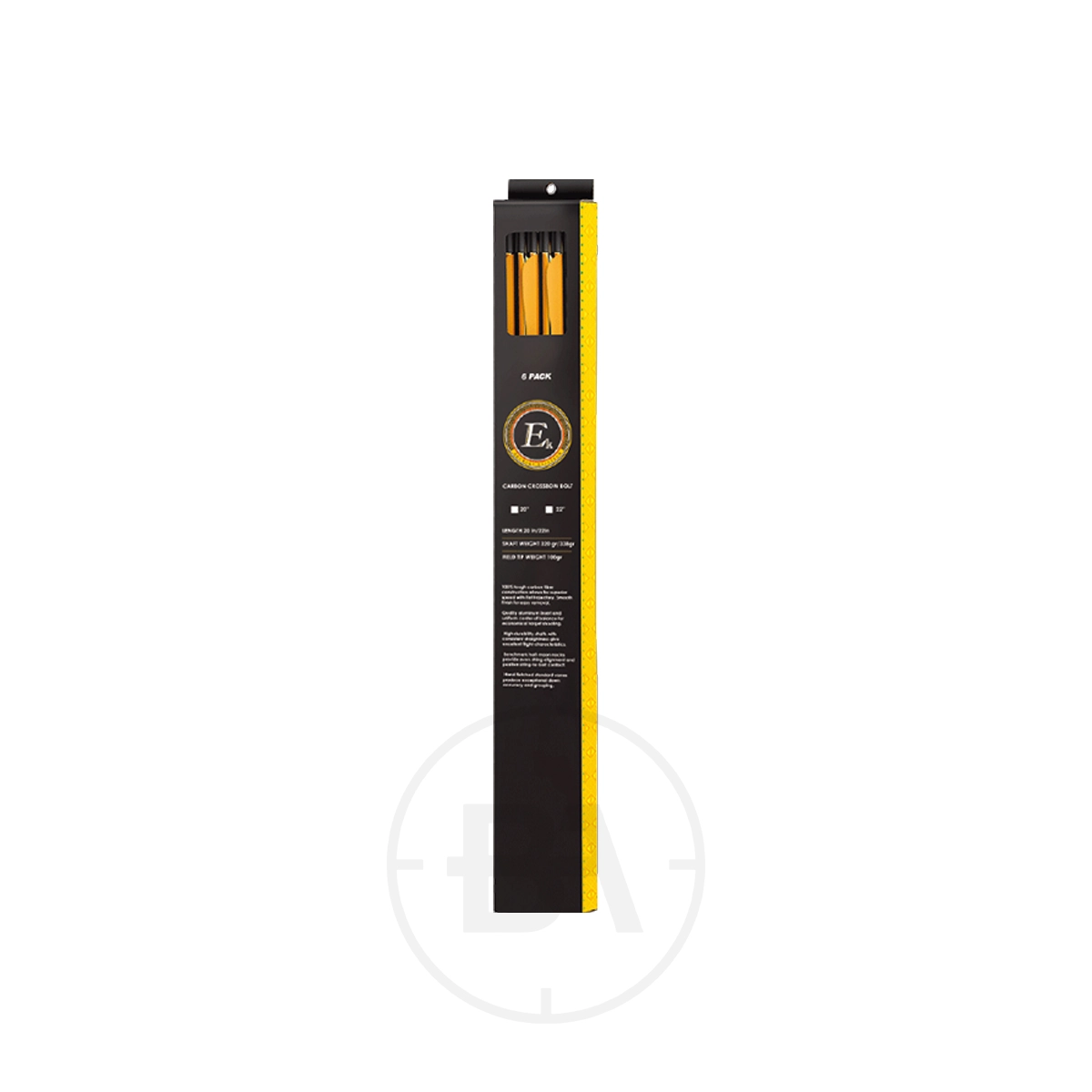 EK Archery Carbon Crossbow Bolts 20″ (x6) 1 A black rectangular box with six EK Archery Carbon Crossbow Bolts 20″, featuring yellow shafts and black tips, is displayed vertically against a white background.