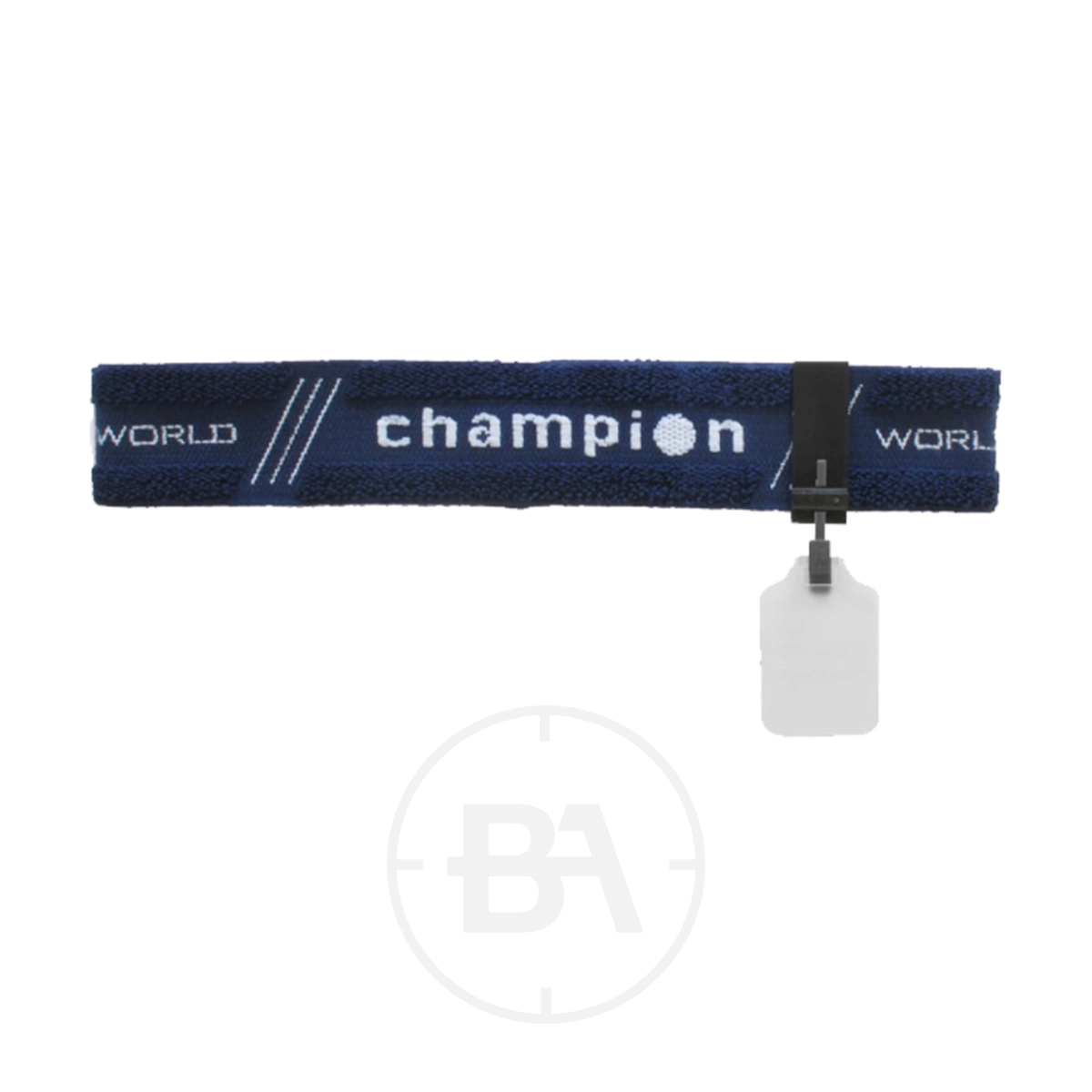 Gehmann Champion Headband With White ISSF 30mm Eye-Shield 1 Navy blue 30mm Gehmann Champion Headband with "world champion" text, an ISSF Eye-Shield, and a black security tag attached.