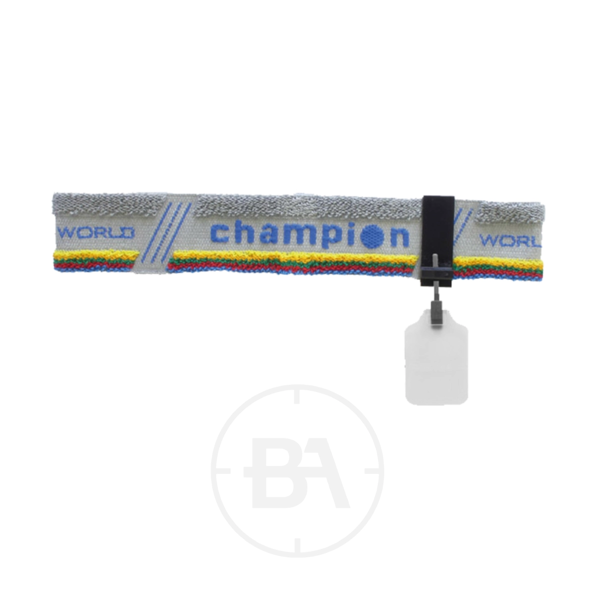 Gehmann Champion Headband With White ISSF 30mm Eye-Shield 5 A grey Gehmann Champion Headband with "WORLD champion" text, rainbow stripes, a 30mm width, and an ISSF Eye-Shield. Features a black plastic security tag attached.