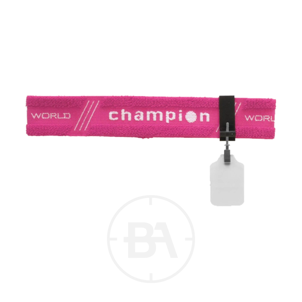 Gehmann Champion Headband With White ISSF 30mm Eye-Shield 3 A pink Champion Headband wristband with "WORLD champion" text and a small white plastic tag attached with a black clip.