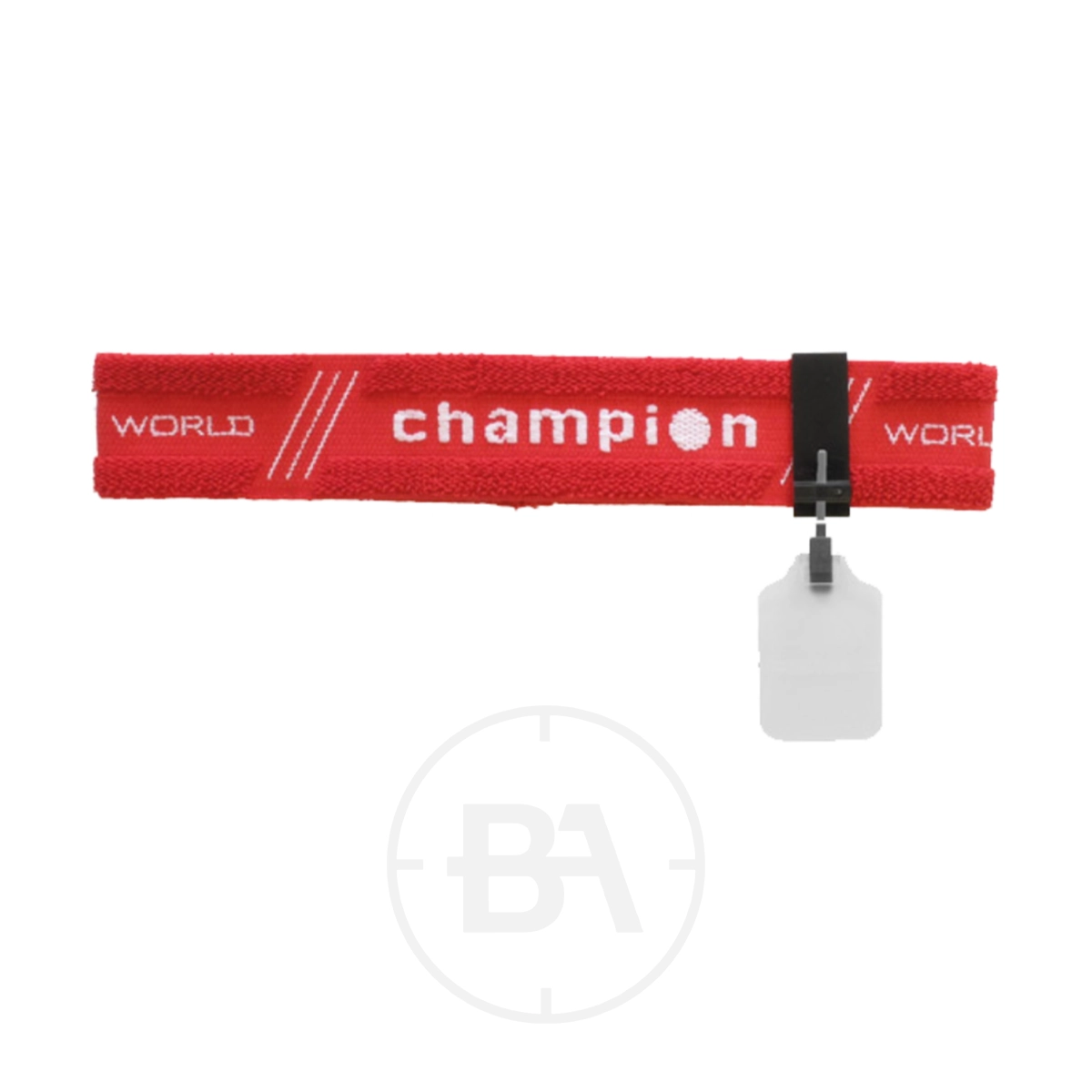 Gehmann Champion Headband With White ISSF 30mm Eye-Shield 7 A red wristband with "WORLD champion" text, featuring a small attached white rectangular tag secured by a black clip—perfect for fans of ISSF Eye-Shield or Champion Headband accessories.