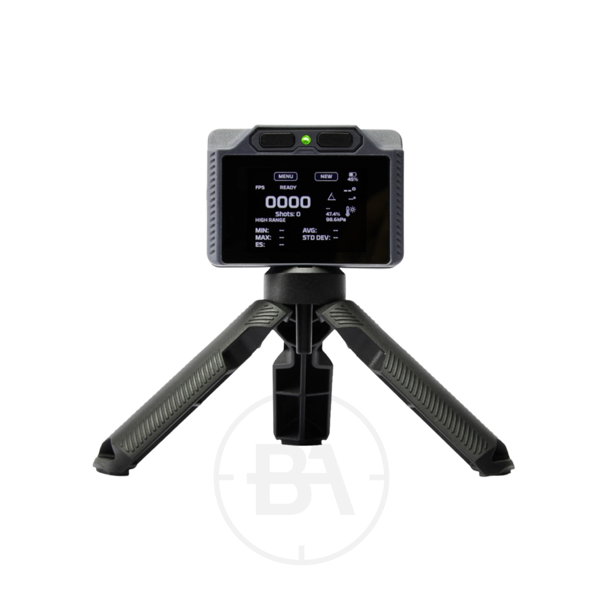 FX Airguns Pocket Chronograph Pro 1 FX Airguns Pocket Chronograph Pro digital device with a display screen showing numbers, mounted on a compact tripod stand, photographed against a white background.