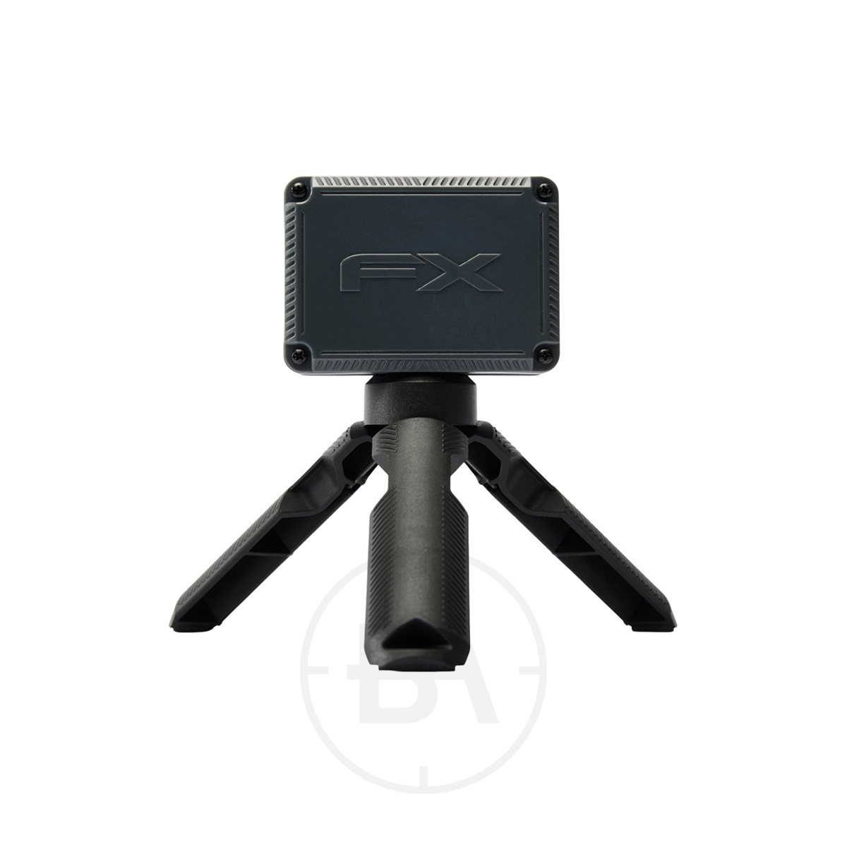 FX Airguns Pocket Chronograph Pro 2 A black, rectangular FX Airguns Pocket Chronograph Pro device is mounted on a compact three-legged tripod stand, isolated against a white background.
