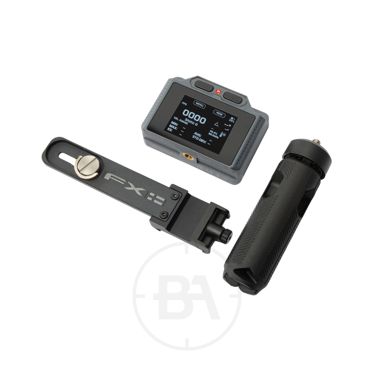 FX Airguns Pocket Chronograph Pro 4 Three pieces of equipment—a FX Airguns Pocket Chronograph Pro digital display device with buttons, a black adjustable bracket labelled “FX,” and a small black tripod with a textured grip—are arranged on a white background.