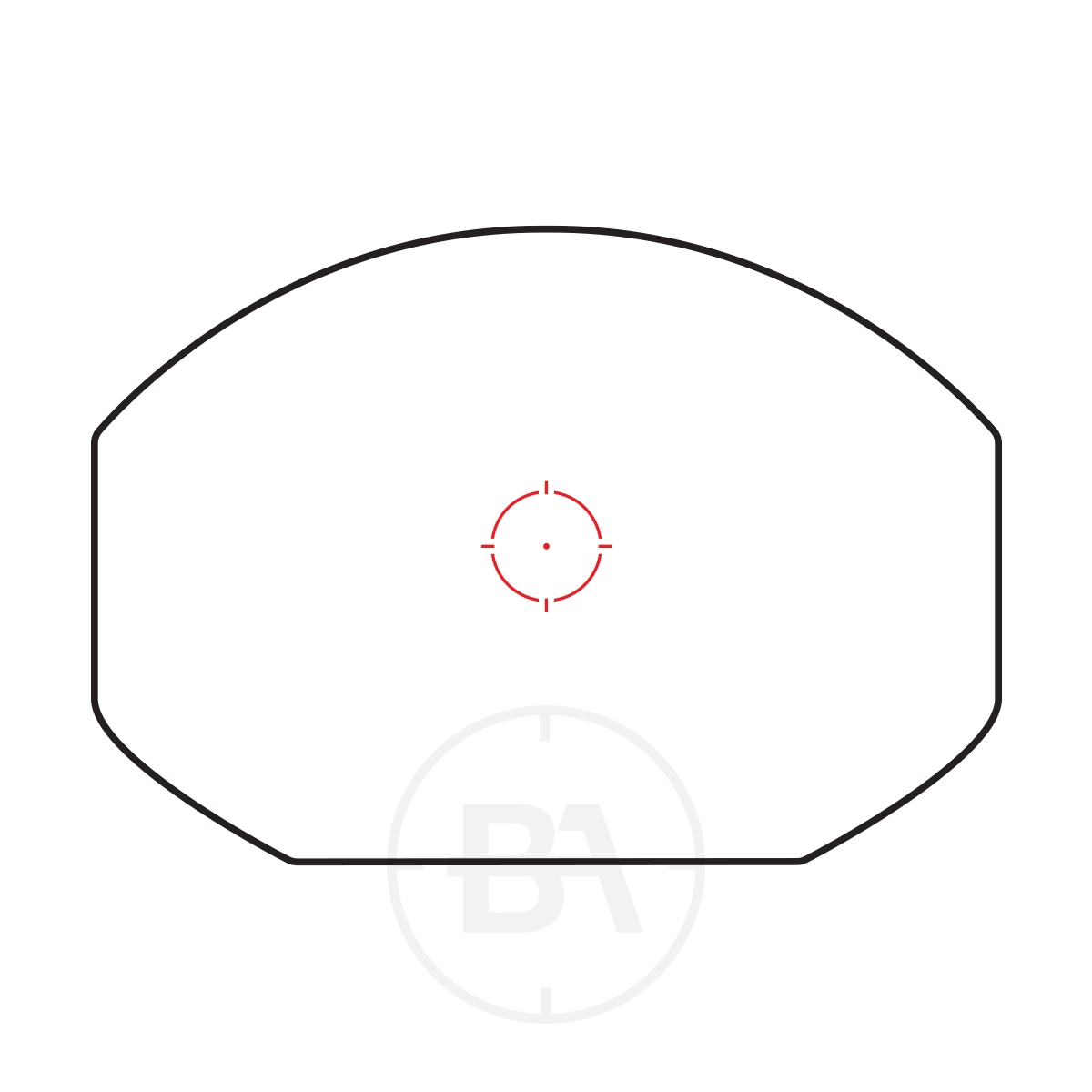 Hawke 'Wide View' Reflex Sight Circle Dot With Picatinny / Weaver Mounts 3 A black outline of a curved rectangular Hawke 'Wide View' Reflex Sight with Picatinny/Weaver mounts; a red circle dot reticle centred inside, and faint grey "BA" letters plus a circle below the target.