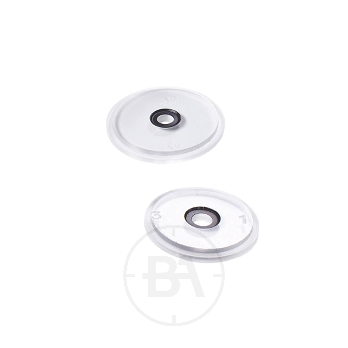 Gehmann 542 Clear Foresight Elements With Black Ring 1 The image shows two Gehmann 542 Clear Foresight Elements With Black Ring, transparent circular washers with black rings, displayed on a white background.