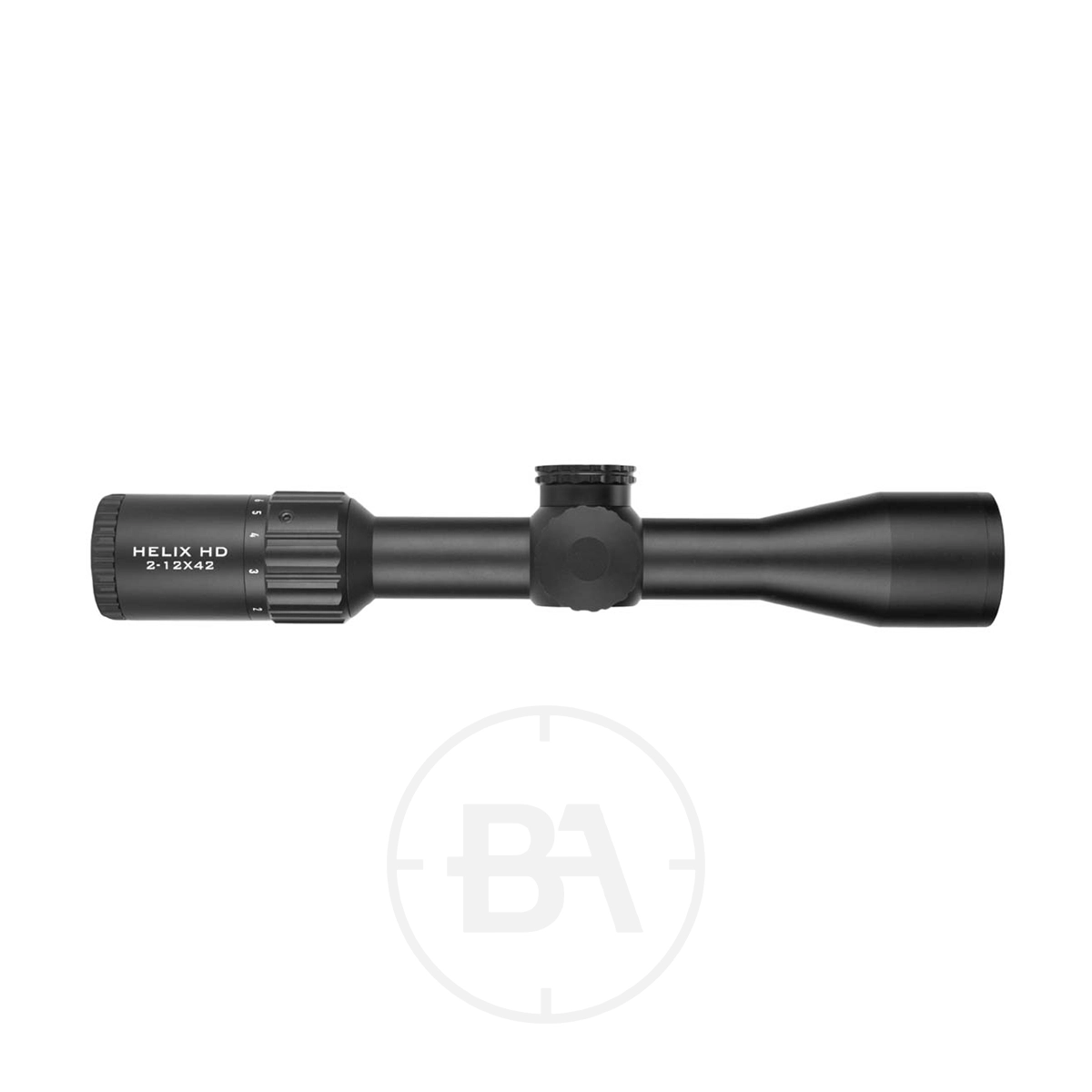 Element Optics Helix HD Compact 2-12×42 SFP 1 A black Element Optics Helix HD Compact 2-12×42 SFP With Mounts is shown in side profile on a white background, emphasizing its compact HD design and adjustment dial.