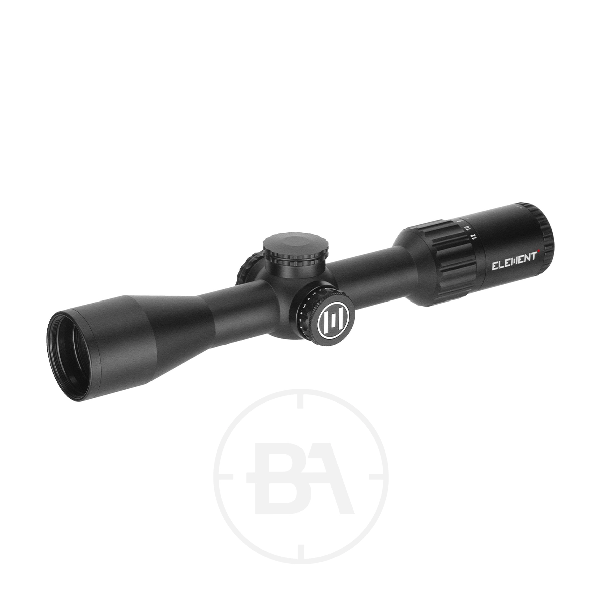Element Optics Helix HD Compact 2-12×42 SFP 3 The Element Optics Helix HD Compact 2-12×42 SFP With Mounts rifle scope, black with adjustment dials and lens caps and "ELEMENT" branding on the side, is displayed against a white background.
