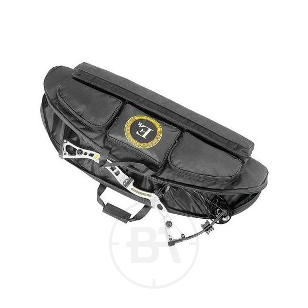 EK Archery Compound Bow Case 3 The Ek Archery Compound Bow Case in black features external pockets, a carrying handle, and a partially visible compound bow inside—perfect for protecting and organizing your archery gear.