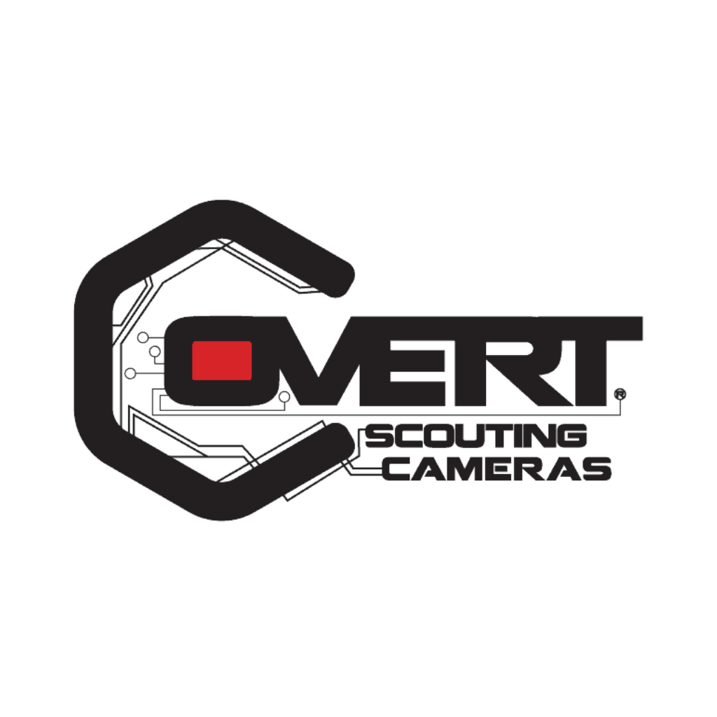 Logo for Overt Scouting Cameras featuring a large black "C" and a red square around the letter "O" in "Overt," with circuit lines in the background.
