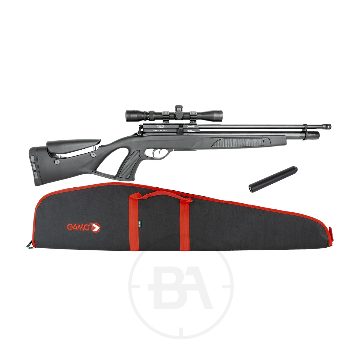 Gamo Coyote PCP Air Rifle Package 2 The Gamo Coyote PCP Air Rifle Package includes a black air rifle with scope, detachable silencer, and a black and red Gamo-branded case—an ideal choice for enthusiasts, shown on a white background.