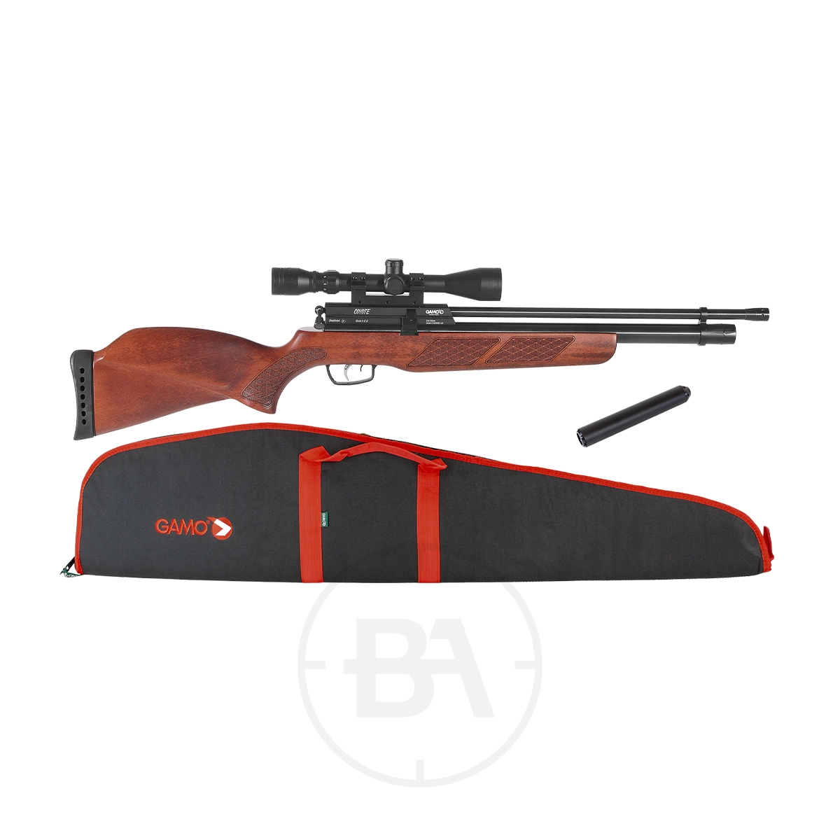 Gamo Coyote PCP Air Rifle Package 1 The Gamo Coyote PCP Air Rifle Package includes a rifle with scope, detachable silencer, and a black and red "GAMO" logo soft gun case for a complete set.
