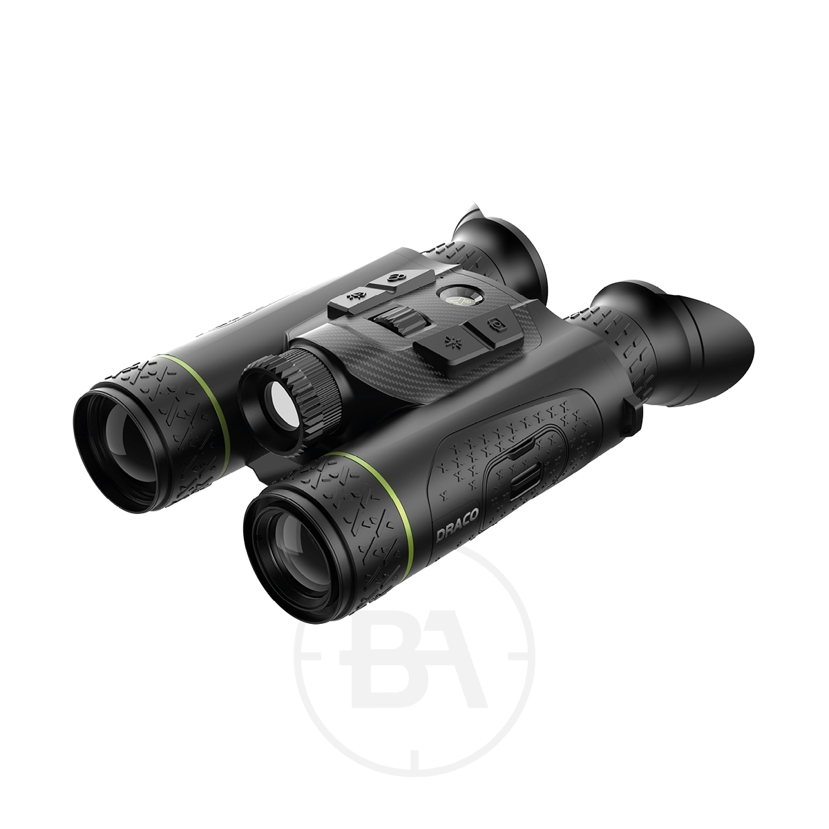 Pixfra Draco D635-4K Multispectral Binoculars 1 A pair of Pixfra Draco D635-4K Multispectral Binoculars with rubber grips, top control buttons, and dual eyepieces is photographed on a white background with a faint circular watermark underneath.