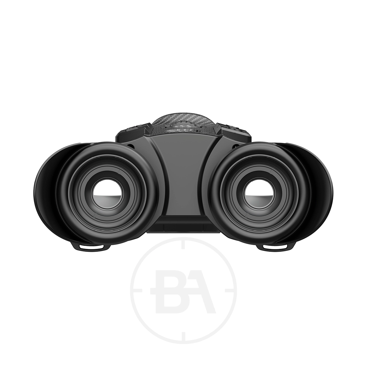 Pixfra Draco D635-4K Multispectral Binoculars 5 Front view of the Pixfra Draco D635-4K Multispectral Binoculars with large objective lenses and attached lens covers, displayed against a plain white background.