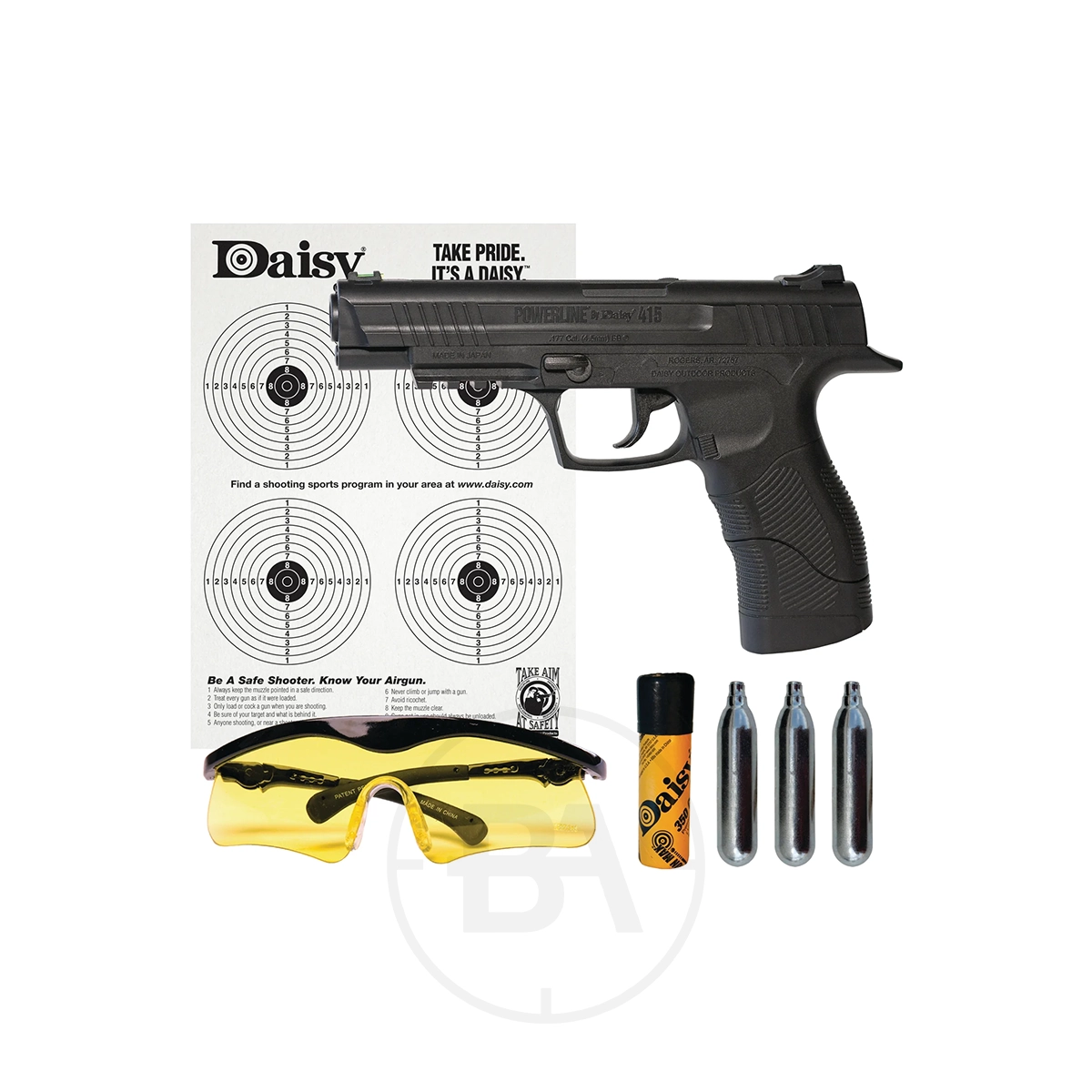 Daisy Powerline 415 CO2 Pistol Kit 1 The Daisy Powerline 415 CO2 Pistol Kit, including a black pistol, three CO2 cartridges, yellow glasses, a pellet tube, and a four-target paper sheet, is displayed on a white background.