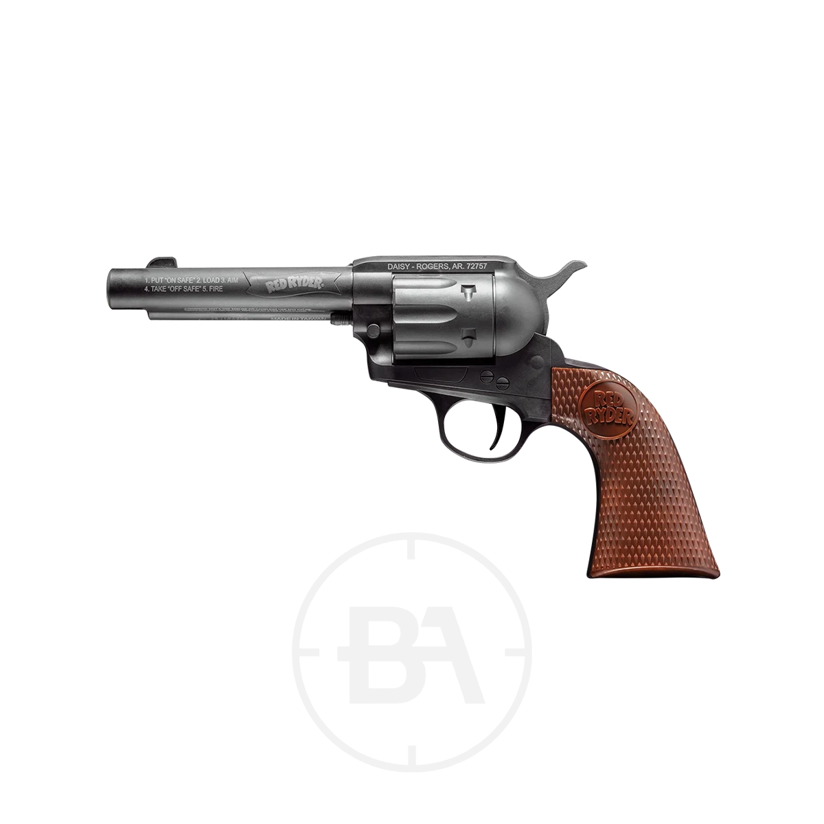 Daisy Red Ryder Single Action BB Revolver 1 The Daisy Red Ryder Single Action BB Revolver, featuring a silver finish and a brown textured grip, is shown in profile facing left against a white background.