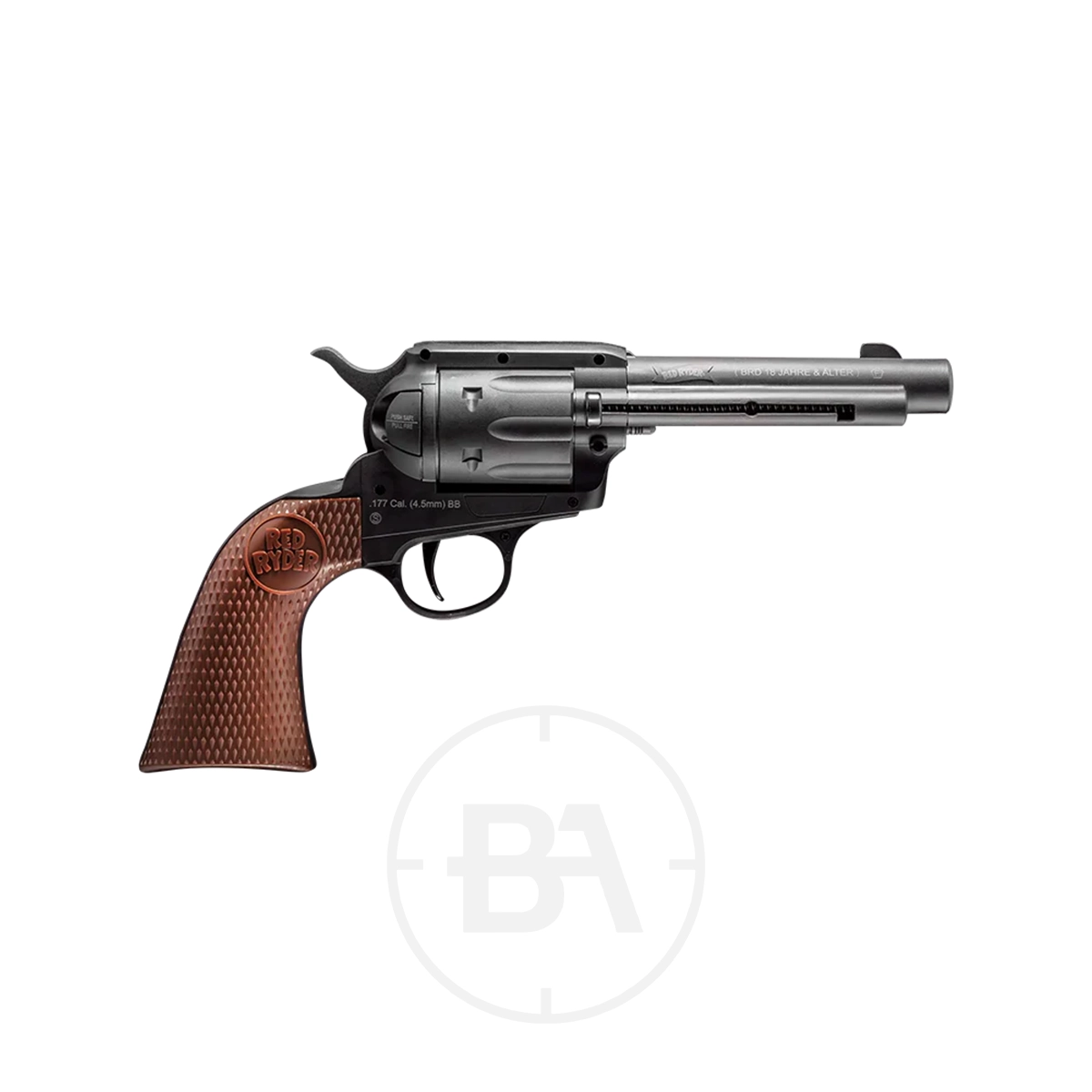 Daisy Red Ryder Single Action BB Revolver 2 The Daisy Red Ryder Single Action BB Revolver, featuring a silver finish and a brown textured grip, is displayed on a white background. The revolver points to the right, and beneath it is a faint circular logo with the letters "BA.