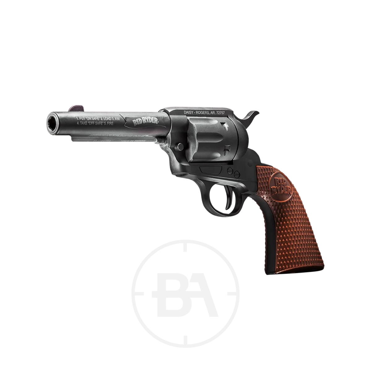 Daisy Red Ryder Single Action BB Revolver 3 A Daisy Red Ryder Single Action BB Revolver is displayed on a white background, featuring a black and brown finish with "Red Ryder" engraved on both the barrel and grip, and classic single action operation.