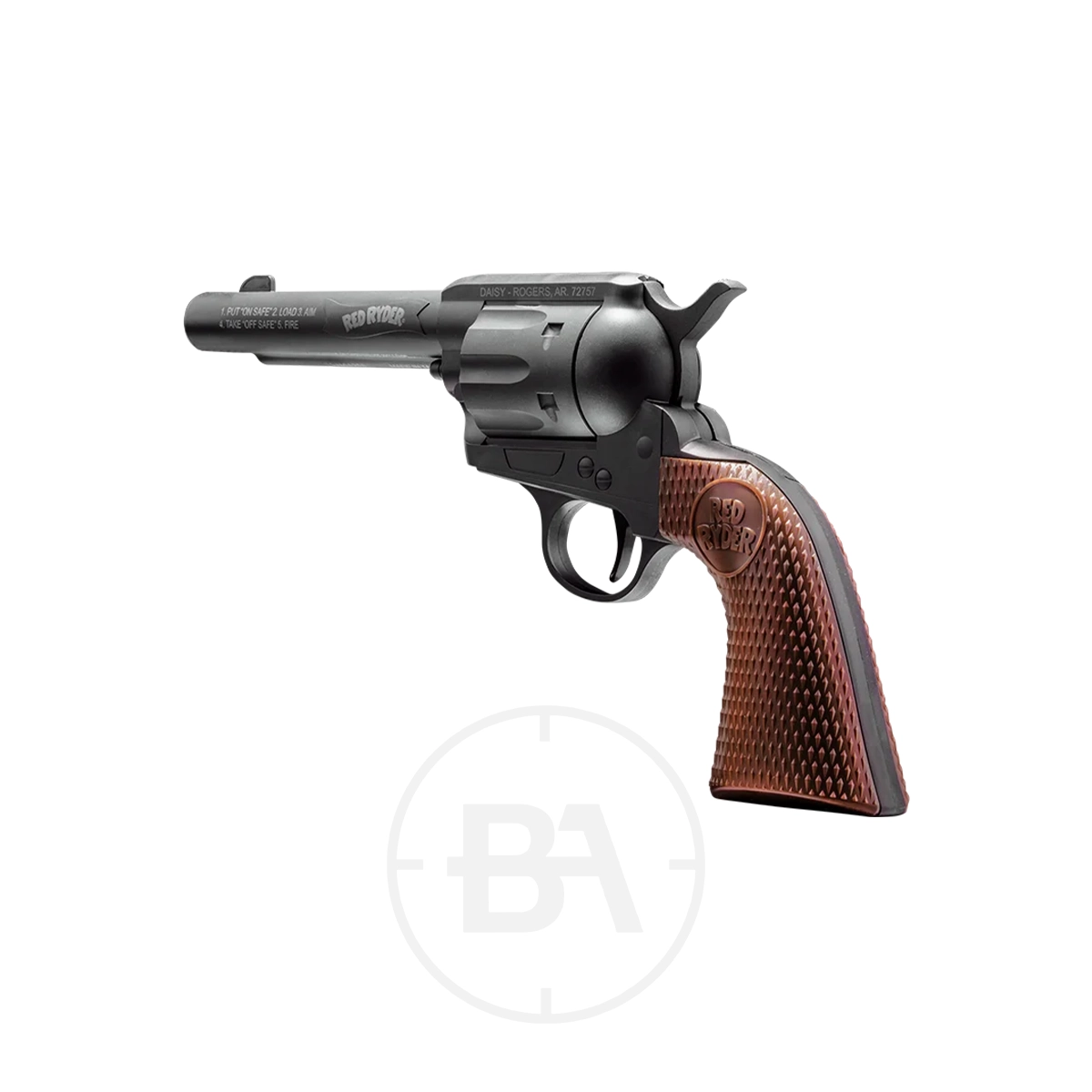 Daisy Red Ryder Single Action BB Revolver 4 A Daisy Red Ryder Single Action BB Revolver in black with a brown textured grip, displayed at an angle on a white background.