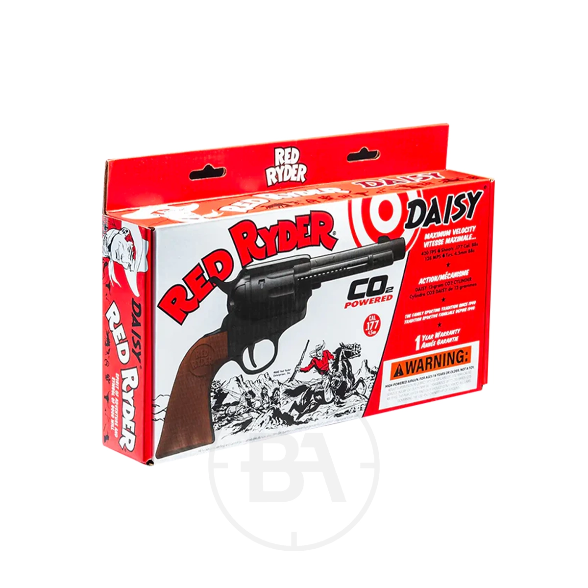 Daisy Red Ryder Single Action BB Revolver 5 A red and white box for the Daisy Red Ryder Single Action BB Revolver, featuring an illustration of the revolver, western-themed graphics, and a prominent warning label on the front.