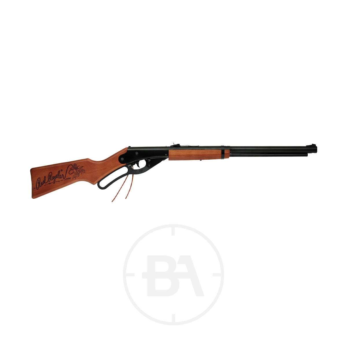 Daisy Red Ryder Spring BB Air Rifle 1 The Daisy Red Ryder Spring BB Air Rifle features a wooden stock with engraved logo and signature, a black barrel, and lever action. This iconic BB air rifle is shown on a plain white background.