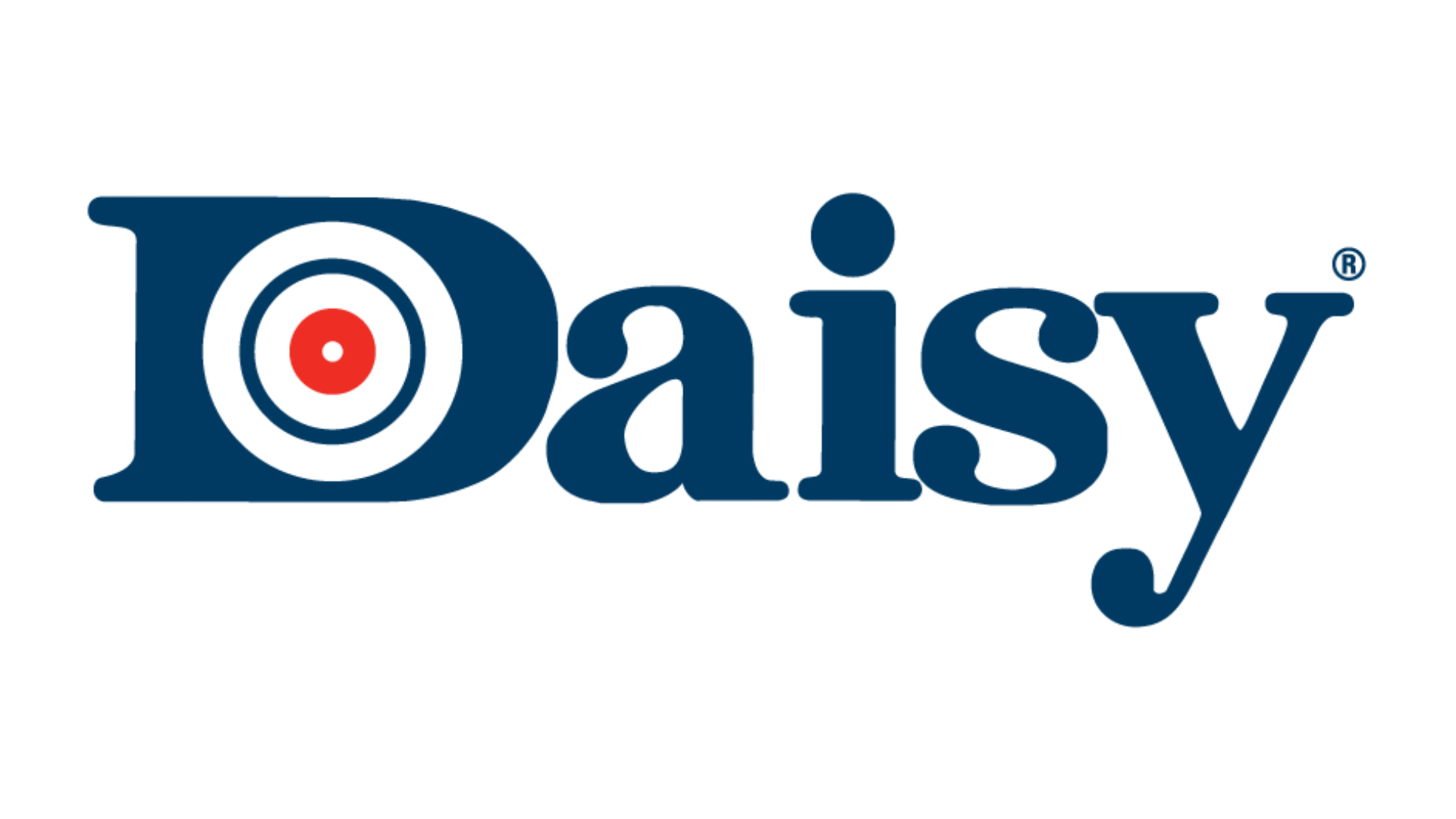 Daisy Red Ryder Spring BB Air Rifle 2 The word "Daisy" in blue font, with the letter "D" stylized as a target featuring concentric circles and a red bullseye at the center.