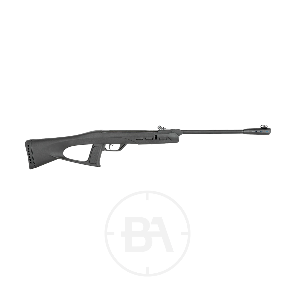 Gamo Delta Fox GT Whisper Spring Air Rifle 1 A Gamo Delta Fox GT Whisper Spring Air Rifle with a black synthetic stock, pistol grip, and long barrel is shown in profile against a white background.