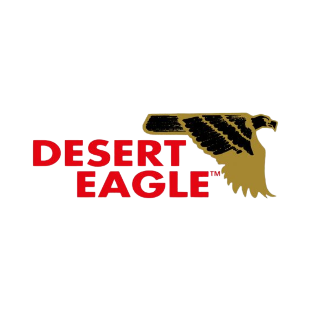 Logo with the words "DESERT EAGLE" in bold red letters, accompanied by a stylised gold and black eagle wing and head above the text on a white background.