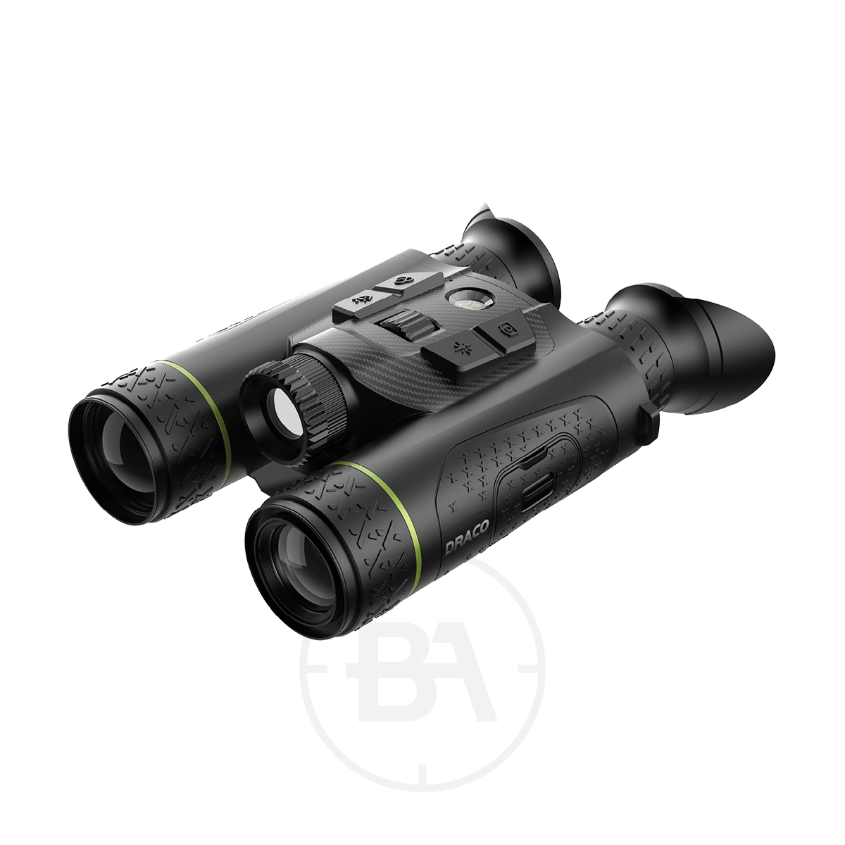 Pixfra Draco D335-4K Multispectral Binoculars 1 A pair of Pixfra Draco D335-4K Multispectral Binoculars in black, featuring textured grips, rubber eyepieces, and multiple control buttons on top, is displayed against a white background.