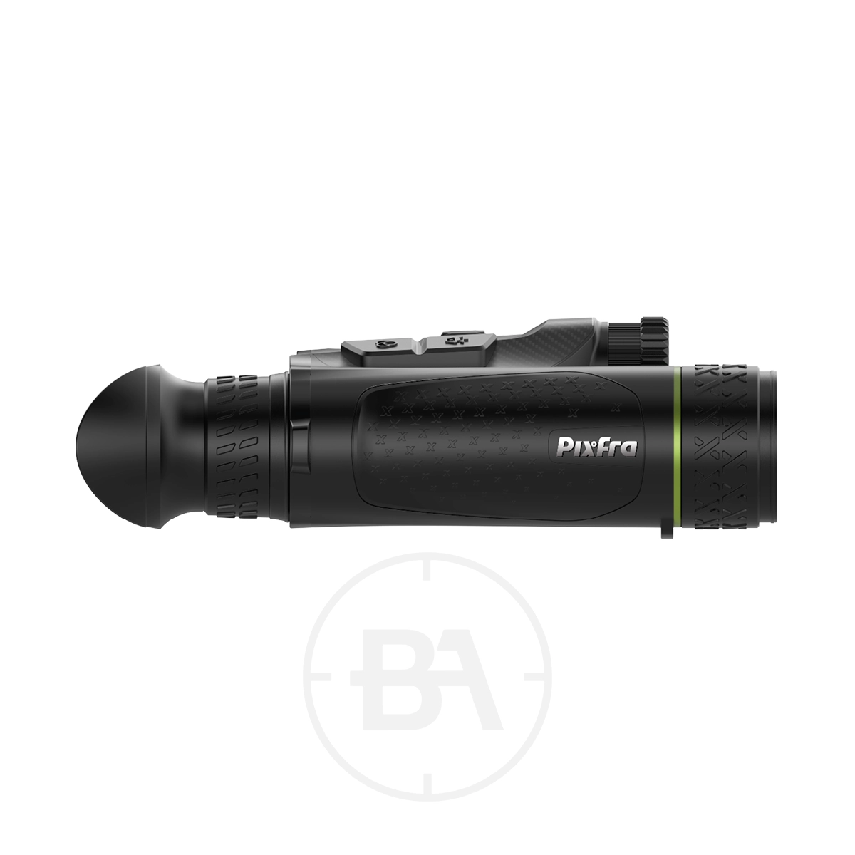 Pixfra Draco D335-4K Multispectral Binoculars 5 A black Pixfra Draco D335-4K Multispectral Binocular with textured grip, rubber eyepiece, and top control buttons; "Pixfra" branding appears on the side. The device is handheld and shown against a white background.