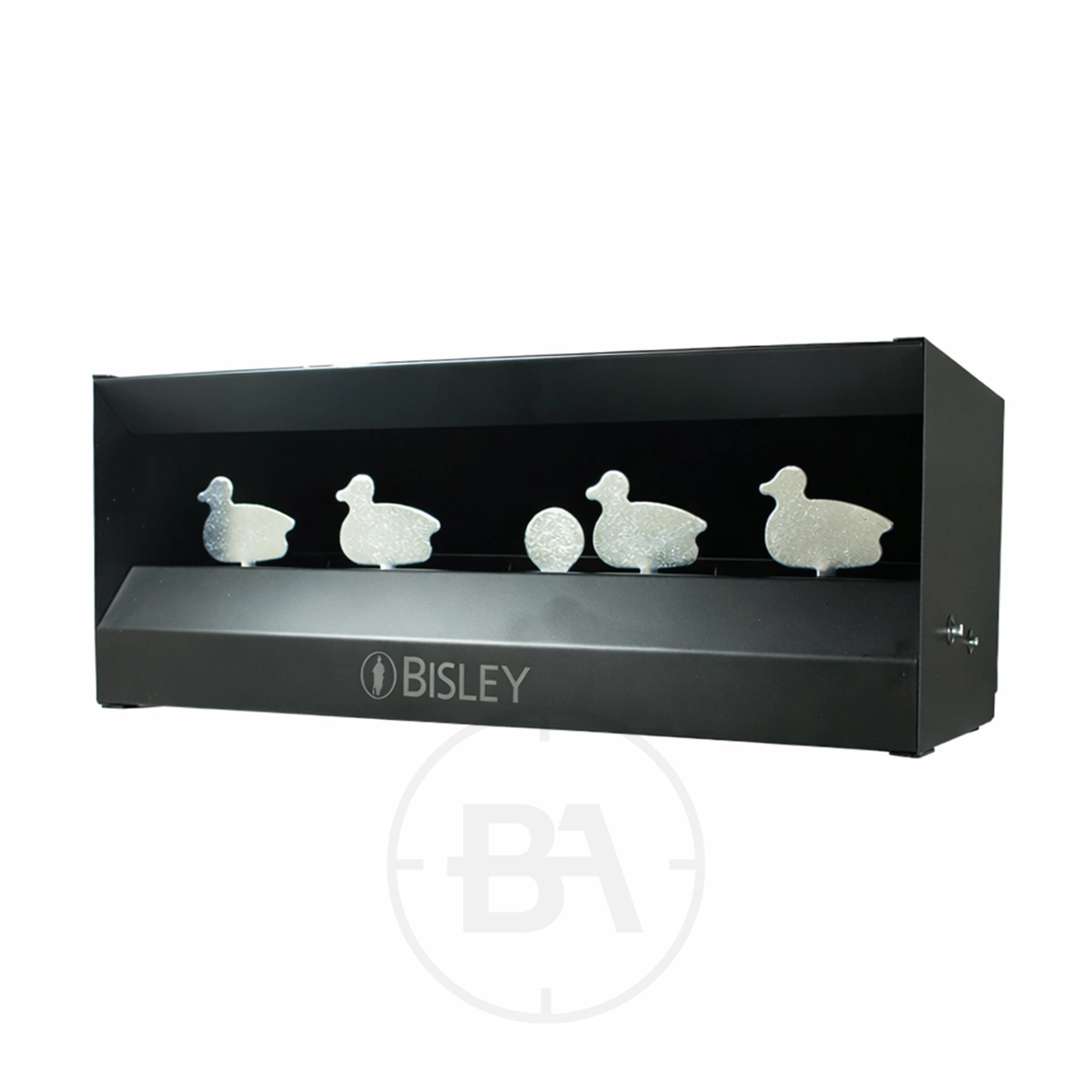 Bisley Duck Magnetic Reset Target Pellet Trap 1 The Bisley Duck Magnetic Reset Target Pellet Trap is a black metal box with four silver duck-shaped targets and a central circular magnetic reset target.