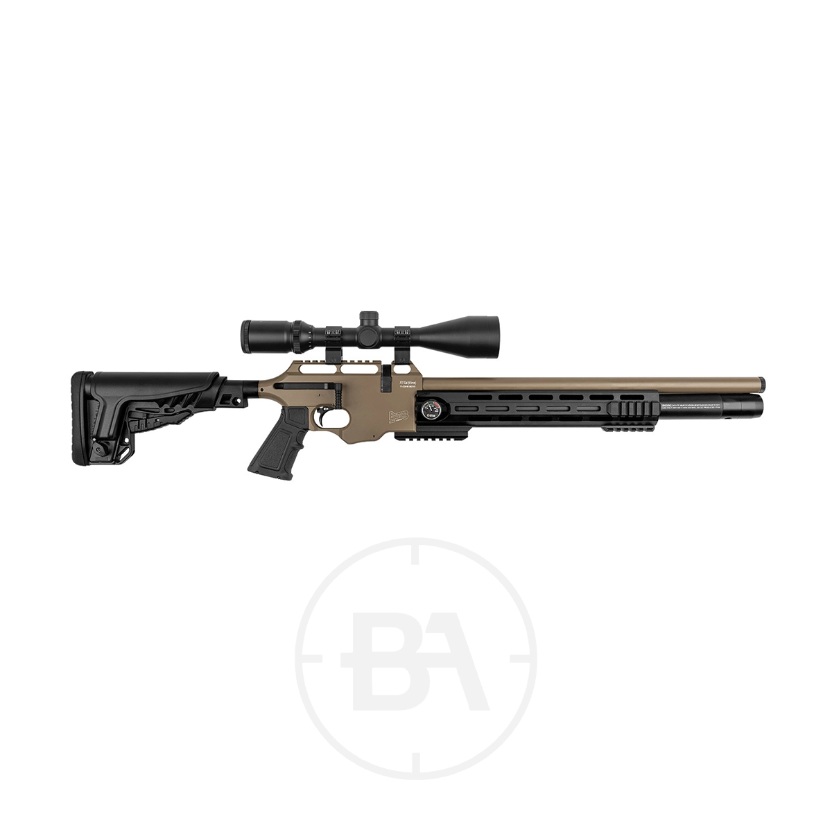 Edgar Brothers Arms XV2 RS PCP Air Rifle With Scope 3 The XV2 RS PCP Air Rifle by Edgar Brothers Arms boasts a brown and black finish, featuring a scope, long barrel, and adjustable stock, elegantly displayed on a white background.