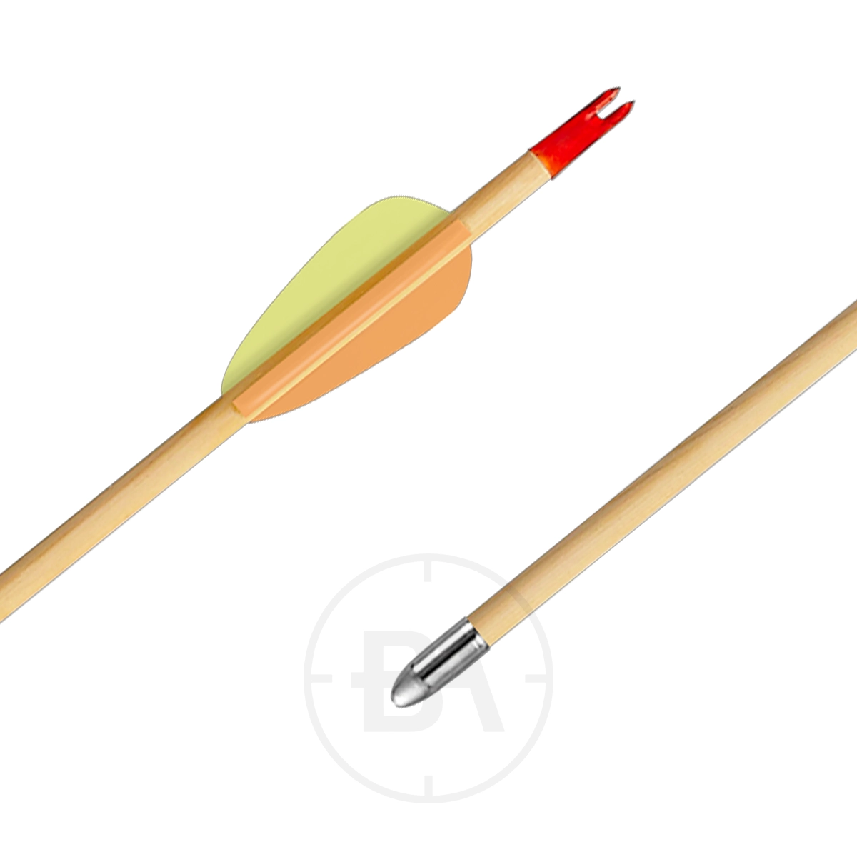 Ek Archery Wooden Target Arrows (x5) 2 The Ek Archery 30 Inch Wooden Target Arrows – Pack of Five feature red nocks, yellow and orange fletching, and silver pointed tips—ideal for any archery arrow collection. Shown against a white background.