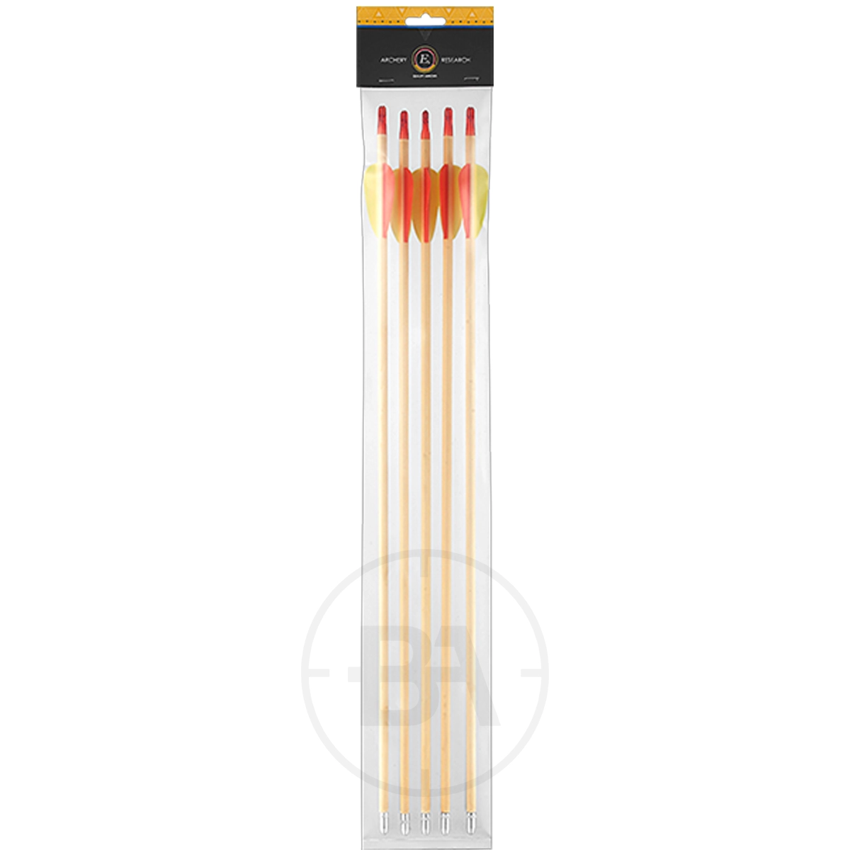 Ek Archery Wooden Target Arrows (x5) 3 A pack of five Ek Archery 30 inch wooden target arrows with red and yellow fletching, displayed in clear plastic packaging.