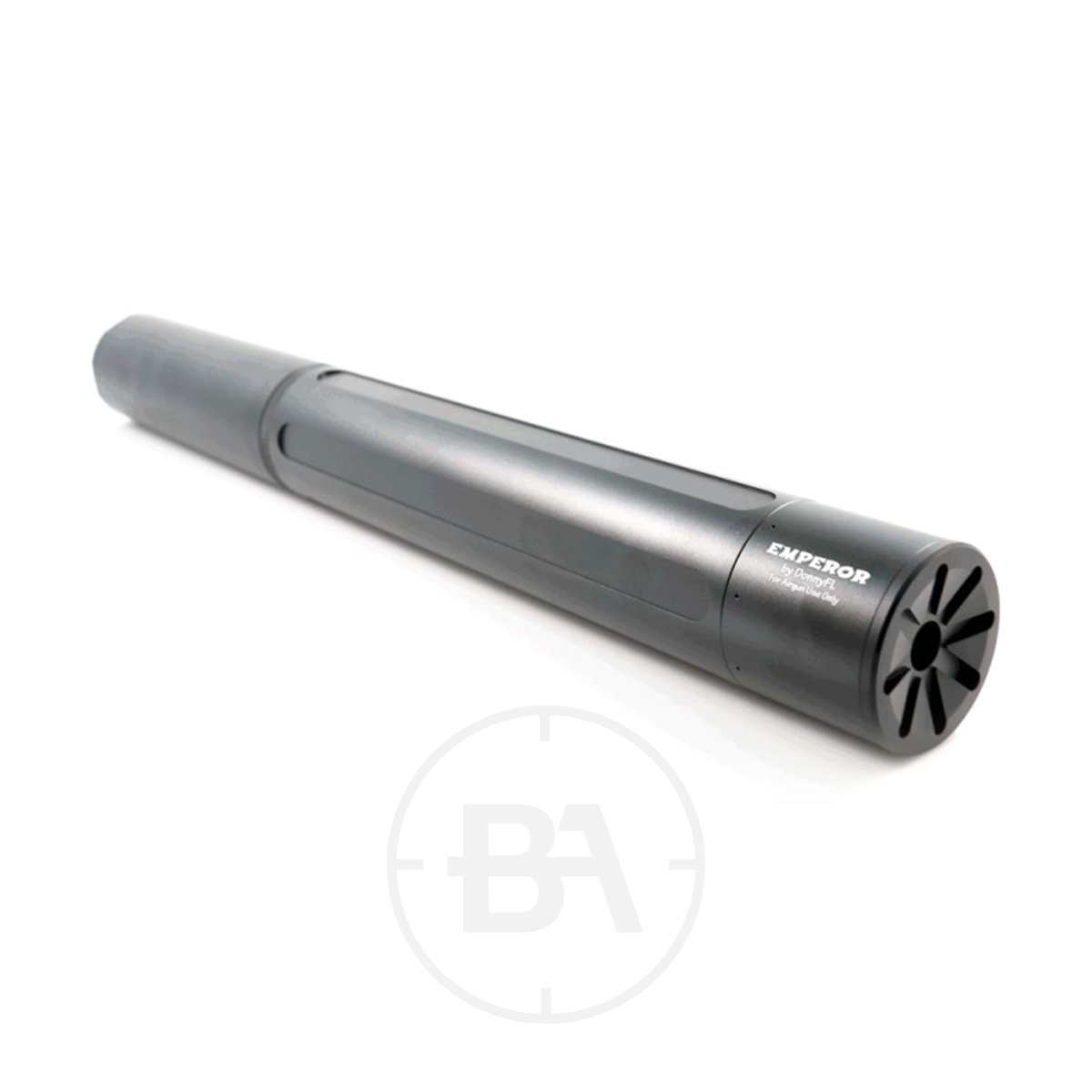 DonnyFL Emperor V3 Silencer 1/2"x20 UNF Silencer .22 1 A matte black DonnyFL Emperor V3 Silencer 1/2"x20 UNF (.22) rests on a white surface, its name clearly labelled along the side with a faint "BA" logo beneath.