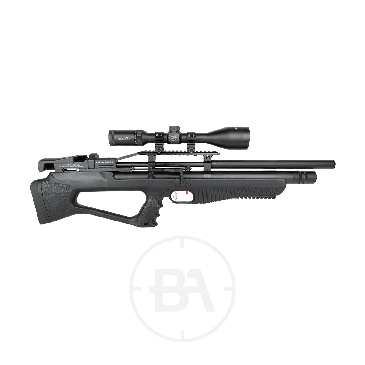 Kral Arms Empire S PCP Air Rifle 1 The Kral Arms Empire S PCP Air Rifle in black, featuring a scope, modern tactical design, and ergonomic stock, is displayed on a white background.