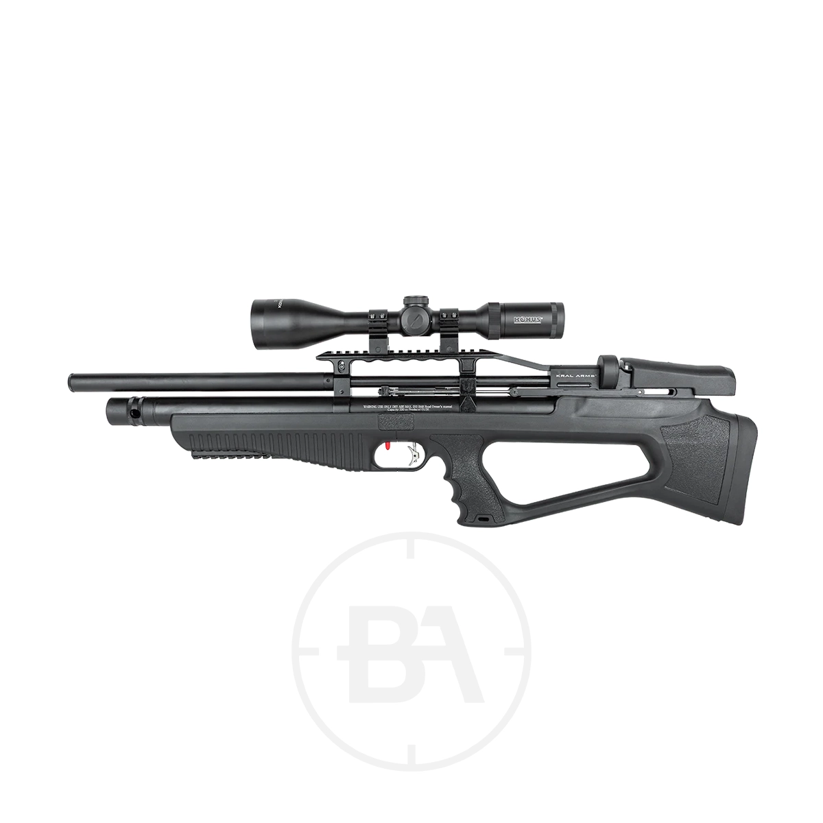 Kral Arms Empire S PCP Air Rifle 3 The Kral Arms Empire S PCP Air Rifle, shown in black with a mounted scope, features a modern tactical bullpup design and adjustable stock—exemplifying the Empire S series on a white background.