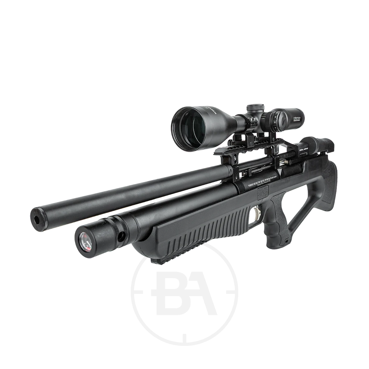 Kral Arms Empire S PCP Air Rifle 5 The Kral Arms Empire S PCP Air Rifle, in black, features a bullpup design, large cylindrical air reservoir under the barrel, and comes with a scope and bipod. It is shown against a white background.