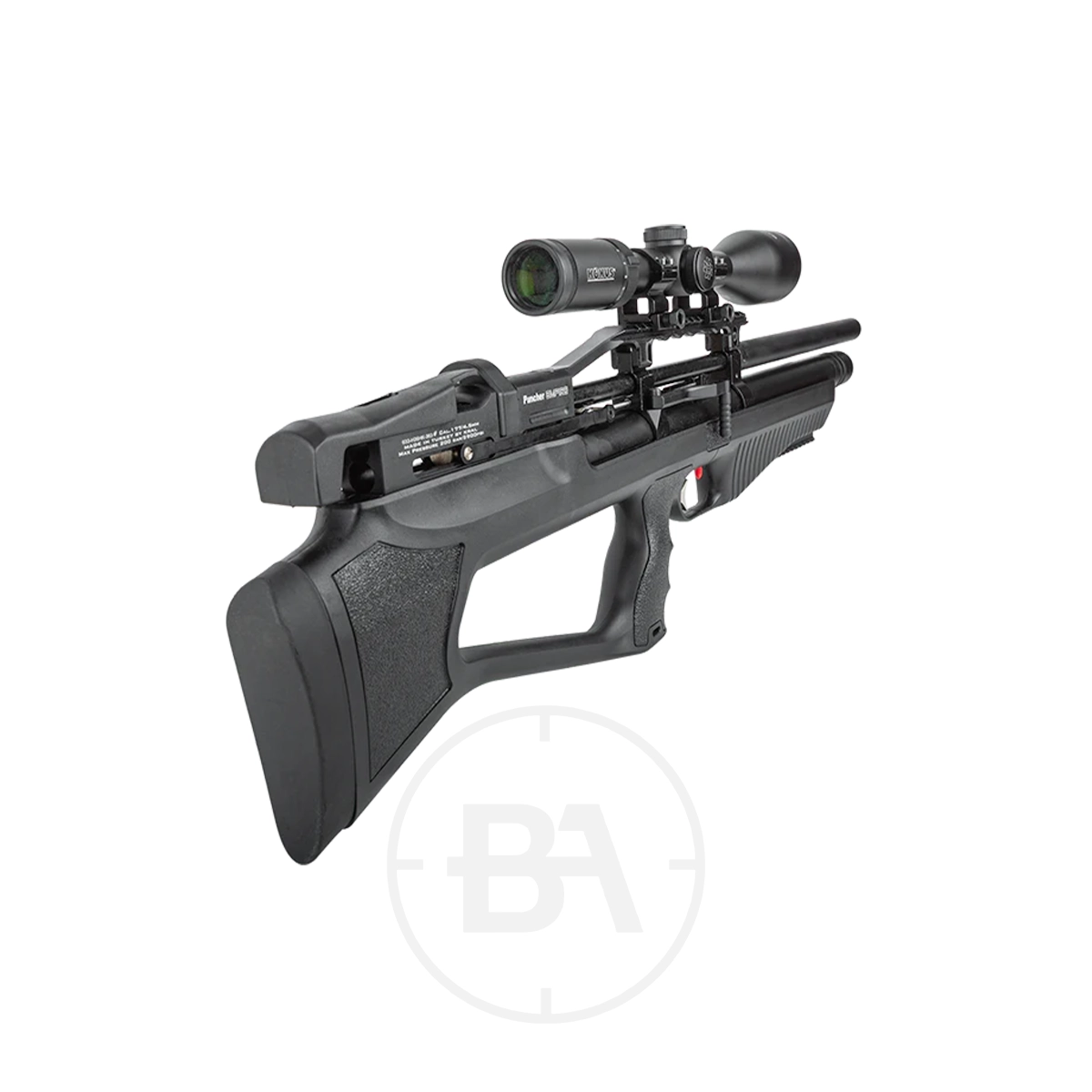 Kral Arms Empire S PCP Air Rifle 7 The Kral Arms Empire S PCP Air Rifle, shown in black with a mounted scope, is displayed from a rear-side angle against a white background, highlighting its modern buttstock, trigger, and scope features.