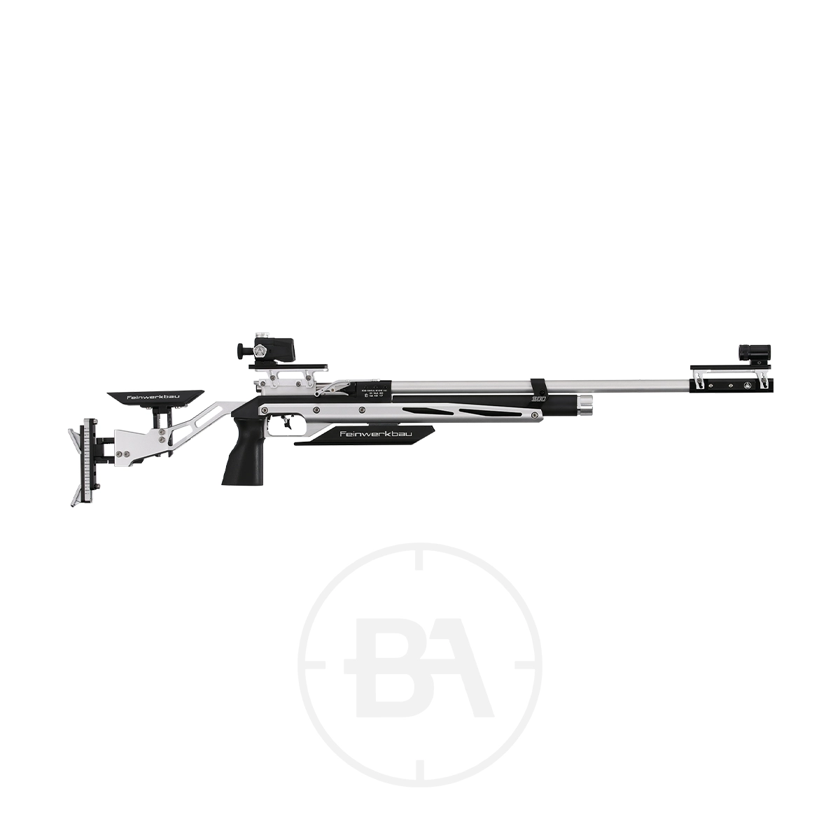 Feinwerkbau 800 Evolution Top Match Target Rifle 1 Side view of a Feinwerkbau precision air rifle with a long barrel, adjustable stock, and scope on a white background. This Evolution Top Match model exemplifies the artistry of target rifle engineering.