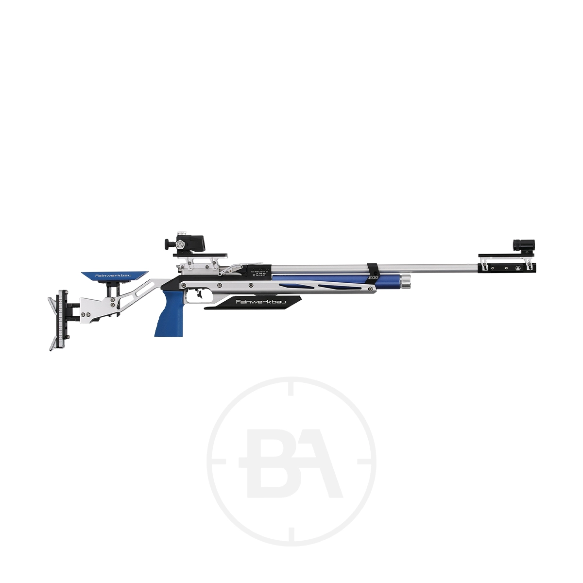 Feinwerkbau 800 Evolution Top Match Target Rifle 3 A modern Feinwerkbau air rifle with a blue and black color scheme, featuring a long barrel, adjustable sights, and a contoured stock—perfect for those seeking an evolution in target rifle performance.