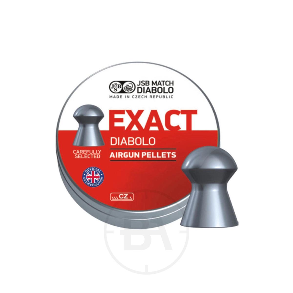 JSB Exact Diabolo .177 Pellet 8.4gr 4.51mm (x500) 1 A round tin labelled "JSB Exact Diabolo .177 Pellet 8.4gr 4.50mm (x500)" in red and white, with an image of a grey airgun pellet beside the tin.