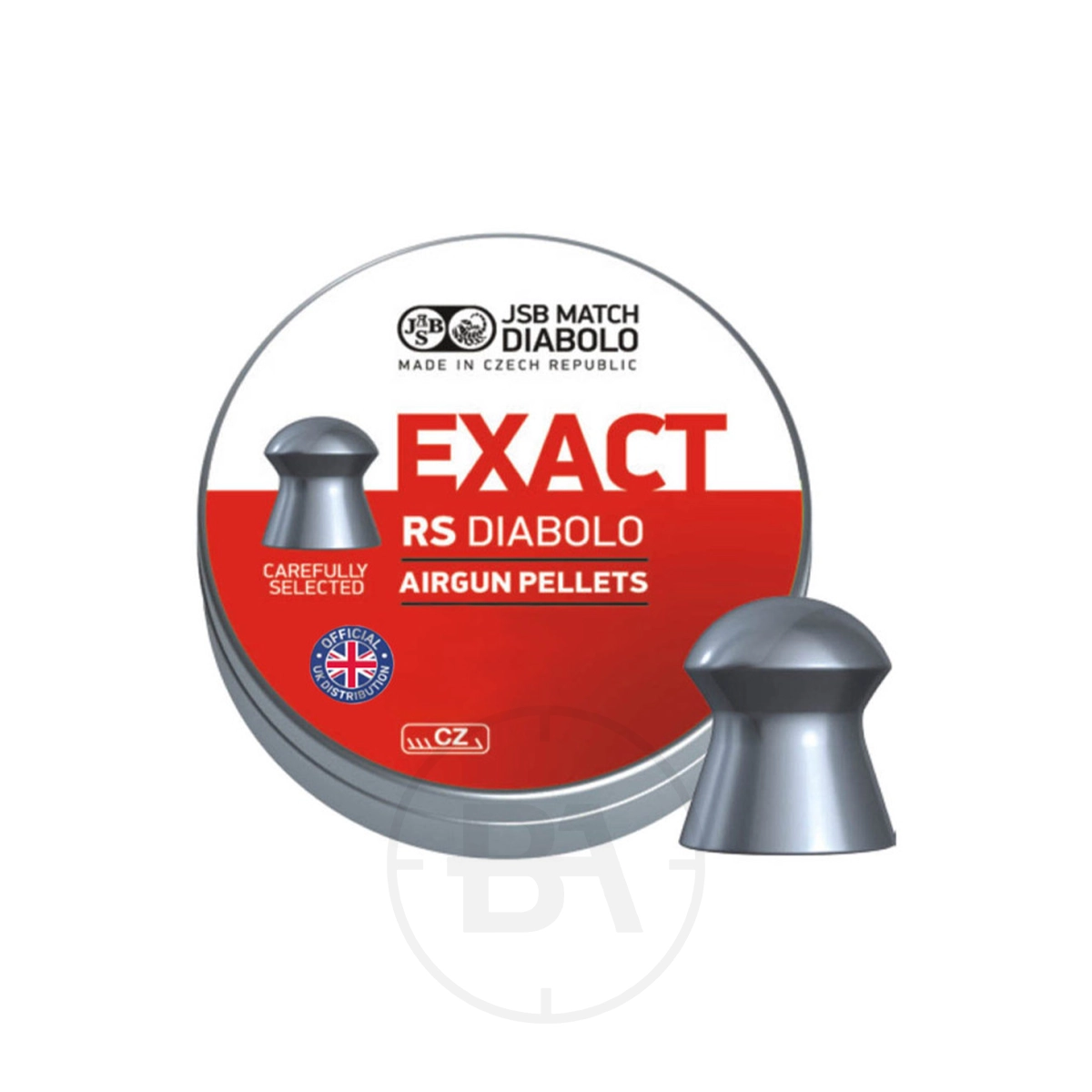 JSB Exact RS Diabolo .177 Pellets 7.3gr 4.52mm (x500) 1 A round tin labelled "JSB Exact RS Diabolo .177 Pellets 7.3gr 4.52mm (x500)" features a red and white design, with one grey, mushroom-shaped pellet displayed outside the container.