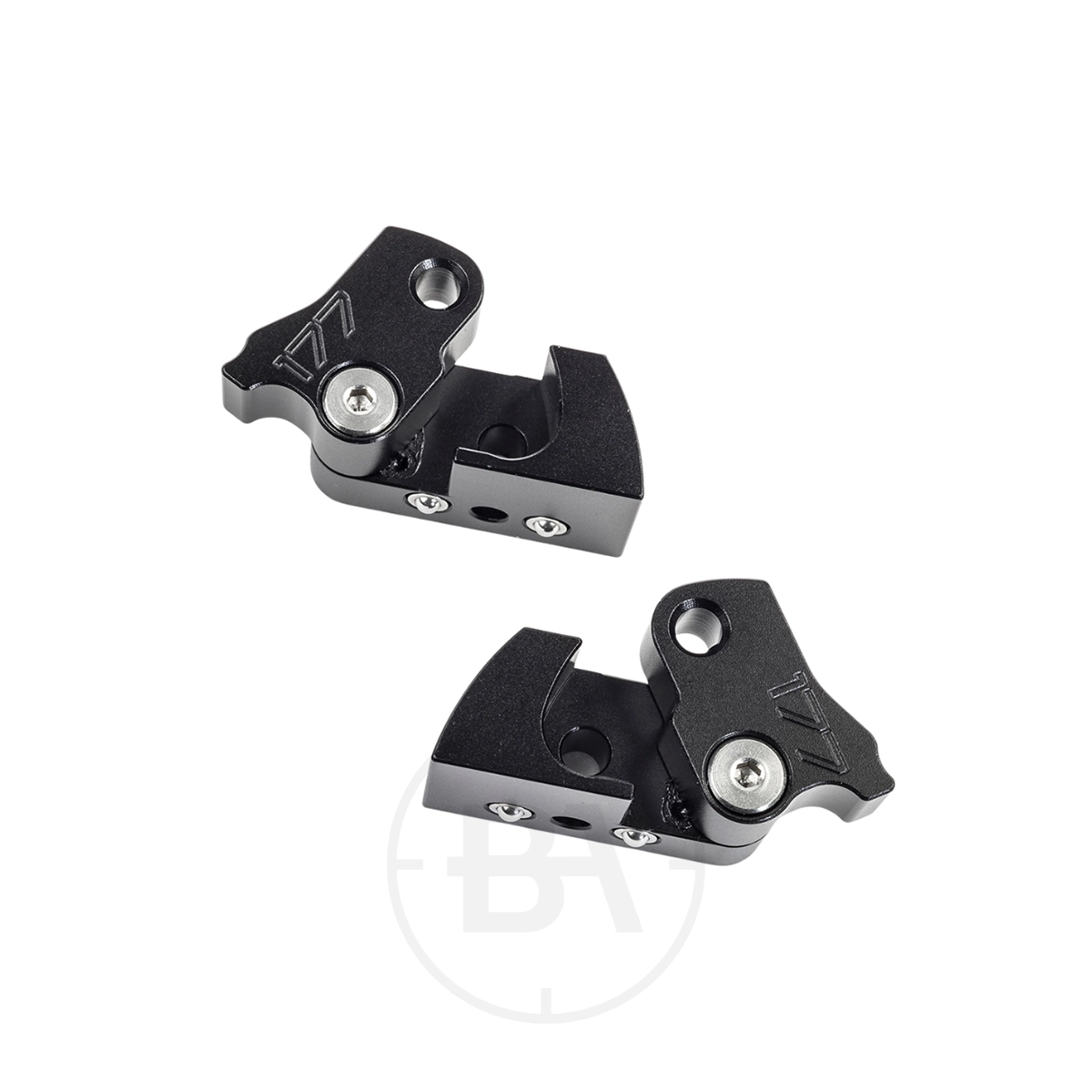 Daystate Red Wolf / Wolverine R Flip-Out Single Shot Loader 1 Two small, black metal components with screws and engraved markings are shown on a white background. They are precision-machined parts: the Daystate Red Wolf / Wolverine R Flip-Out Single Shot Loader.