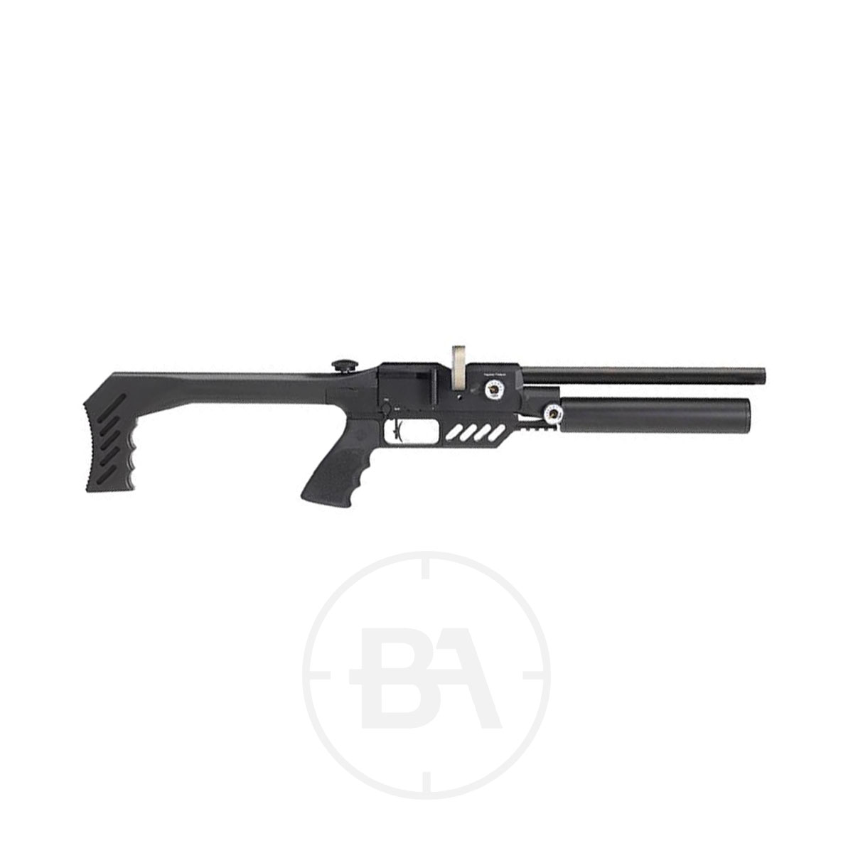FX Airguns Dreamline Lite Compact PCP Air Rifle 1 The FX Airguns Dreamline Lite Compact PCP Air Rifle, in black with a tactical design and long barrel, features an angular stock and textured grip, shown against a plain white background.