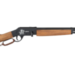 A lever-action rifle with a wooden stock and fore-end, a black metal receiver featuring an engraved horse and rider, and a leather strap attached to the lever—perfect for those seeking a Reximex Lieva review or exploring PCP options.
