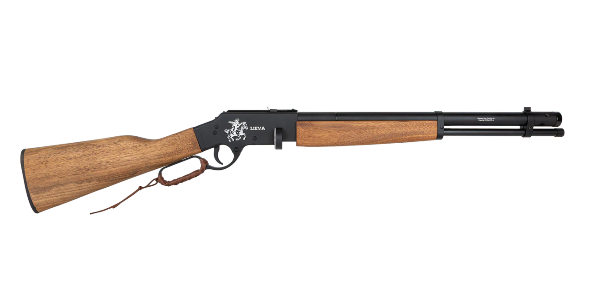 A lever-action rifle with a wooden stock and fore-end, a black metal receiver featuring an engraved horse and rider, and a leather strap attached to the lever&mdash;perfect for those seeking a Reximex Lieva review or exploring PCP options.