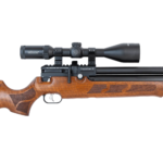 A crowd favourite, the Kral Puncher K is a brown wooden air rifle with a mounted scope, black metal barrel, and textured grip, shown in side profile on a white background.
