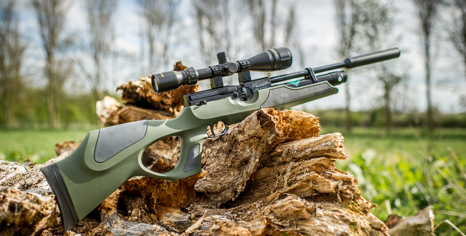 A scoped air rifle with a green and black stock, perfect for beginners, rests on a pile of logs outdoors&mdash;much like how PCPs guide patients; trees and grass provide a natural backdrop.
