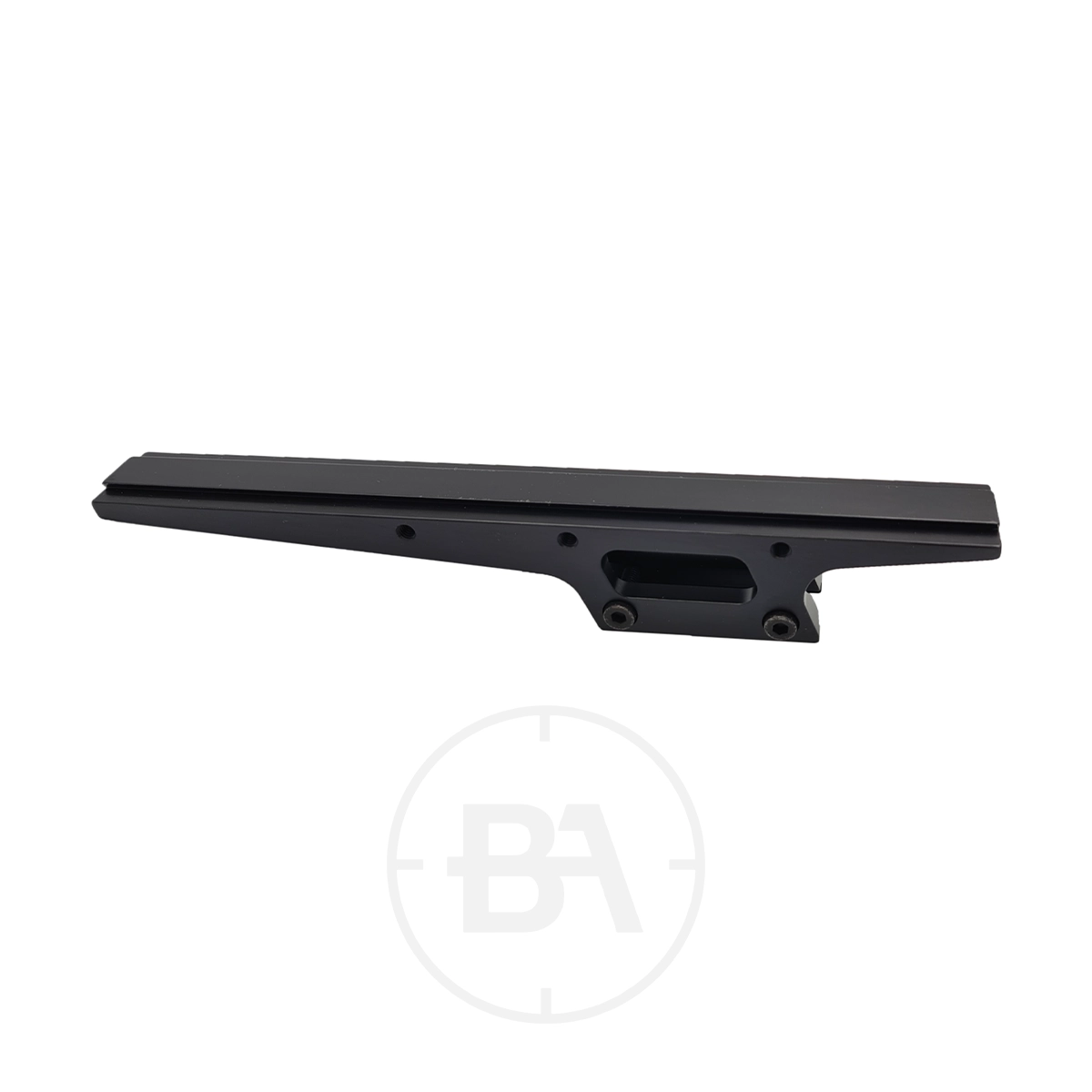 Feinwerkbau Rail Adaptor For Scope Mount 1 The Feinwerkbau Rail Adaptor is a black metal mount featuring several holes and a rectangular cut-out, designed for compatibility with Feinwerkbau systems and shown against a white background.